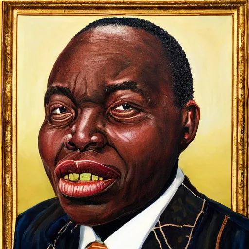 Image similar to a painting of a fatherly wide forehead, round face, XXL , loving, caring, generous, ever-present, humble, wise elder from Kenya in a suit by Kehinde Wiley . Fatherly/daddy, focused, loving, leader, relaxed,. ethereal lights, details, smooth, sharp focus, illustration, realistic, cinematic, artstation, award winning, rgb , unreal engine, octane render, cinematic light, macro, depth of field, blur, red light and clouds from the back, highly detailed epic cinematic concept art CG render made in Maya, Blender and Photoshop, octane render, excellent composition, dynamic dramatic cinematic lighting, aesthetic, very inspirational, arthouse.