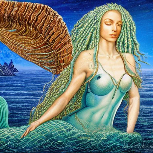 Image similar to intricate detail, gilbert williams and sandro botticelli portrait of tan sumerian mermaid goddess atargatis, with aqua neon rapunzel dreadlocks adorned in seashells, near crystal temple in atlantis, iridescent dolphins swimming in the sea, unicorn flying in the sky, paleozoic atlantis