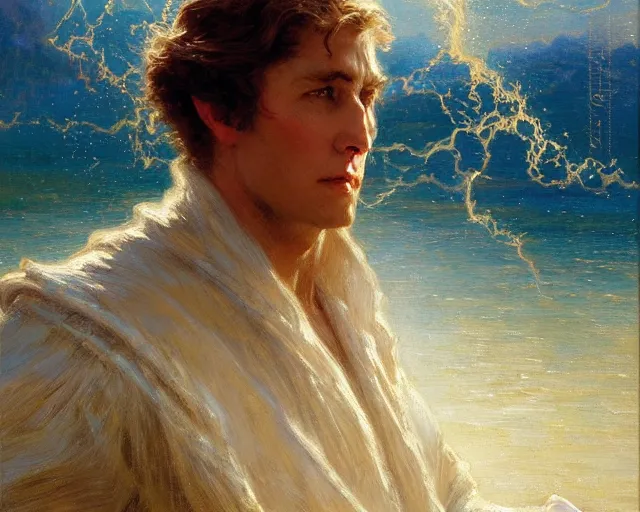 Image similar to attractive male wizard casting powerful wave water spell in a beautiful lake. highly detailed painting by gaston bussiere, craig mullins, j. c. leyendecker 8 k