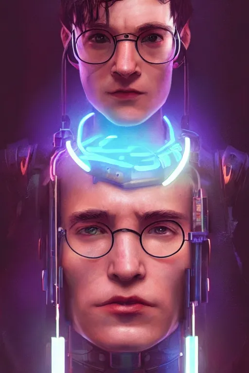 Image similar to Portrait of cyborg Harry Potter in cyberpunk, neon lighting, digital art from artstation by Ruan Jia and Mandy Jurgens and Artgerm and william-adolphe bouguereau and Greg Rutkowski and Wayne Barlowe