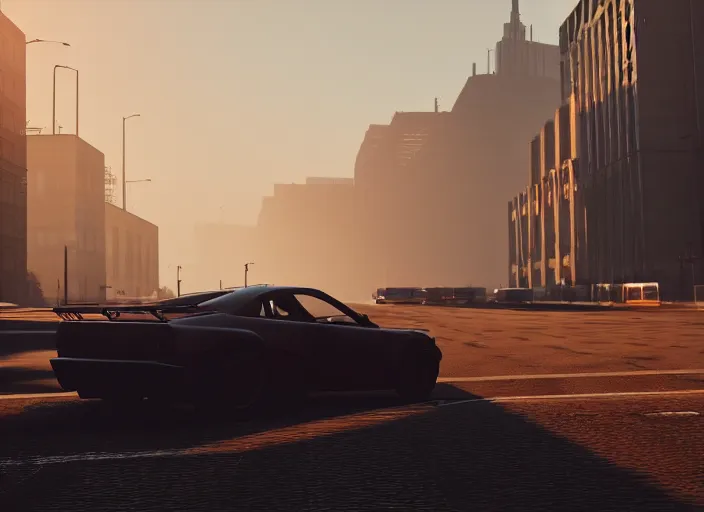 Image similar to gta in moscow, playstation 5 screenshot, symmetrical, mega details, golden hour, fog, beautiful rtx reflections, brutalism buildings, photorealistic, unreal engine 5, octane render, volumetric light, cg society, 4 k, bokeh, lada car, artstation