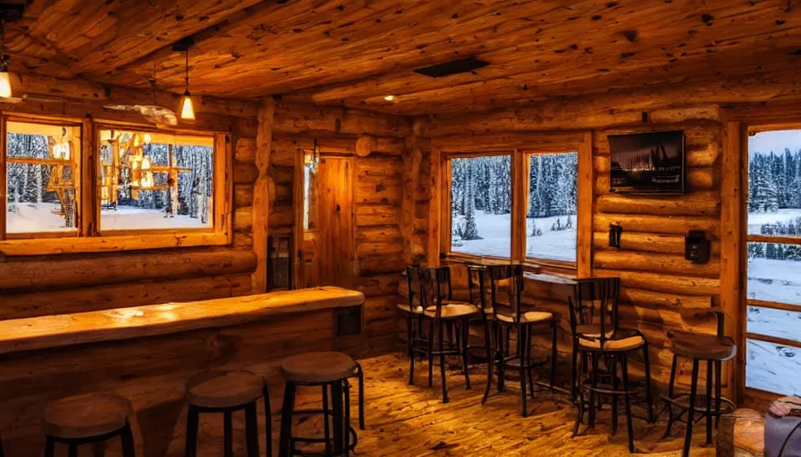 Image similar to empty cozy bar in small cabin, warm, outside winter landscape