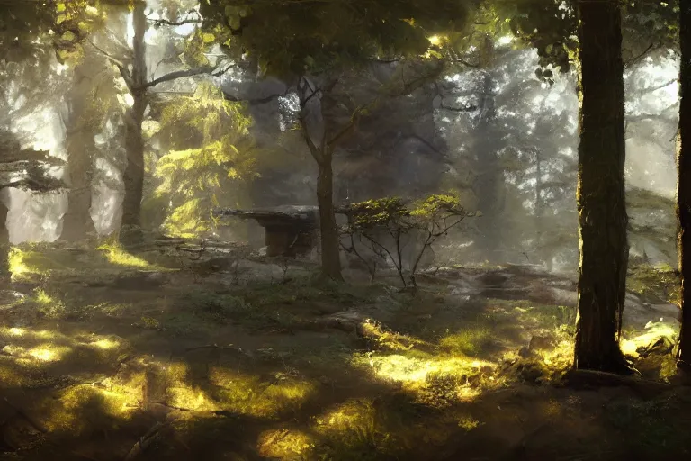 Image similar to An oil painting of a cube in a forest by Craig Mullins, dramatic lighting, realistic shadows, establishing shot, extremely high detail, artstation