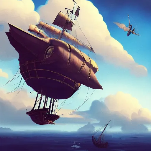 Image similar to a large 1 8 th century pirate airship flying among the clouds, soaring through the sky, airship, digital art, pirate ship, vivid colors, artgerm, james gilleard, beautiful, highly detailed, intricate, trending on art station