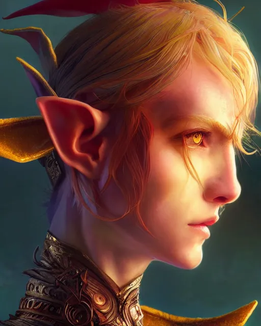 Image similar to portrait of elf, beautiful, fantasy, colorful, cinematic lighting, artstation, trending, highly detailed, focus, smooth, by hirohiko araki and yoshitaka amano