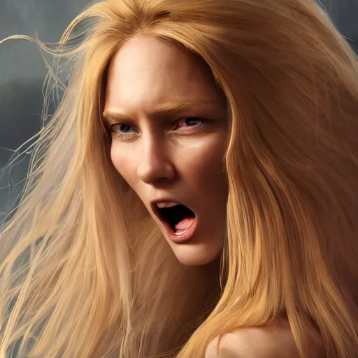 Image similar to epic action shot of beautiful swedish woman with symmetrical face stunning eyes and long blonde hair screaming having a tantrum, weta disney pixar, hi - fructose, decadent highly - detailed digital painting, golden ratio, octane render, artstation, cinematic composition, smooth, sharp focus, artgerm, mucha, loish, wlop hdr