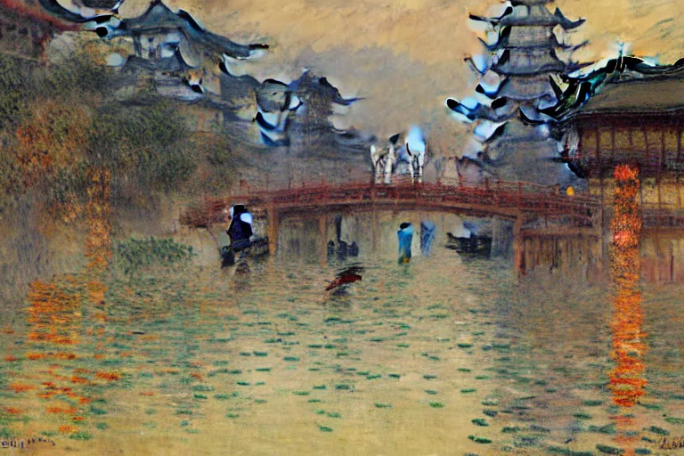 Image similar to kyoto city, painting by gaston bussiere, yoji shinkawa, claude monet