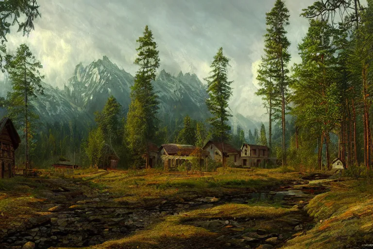 Image similar to A beautiful painting of russian village in dark forest by ivan shishkin and arkhip kuindji, trending on artstation,matte painting