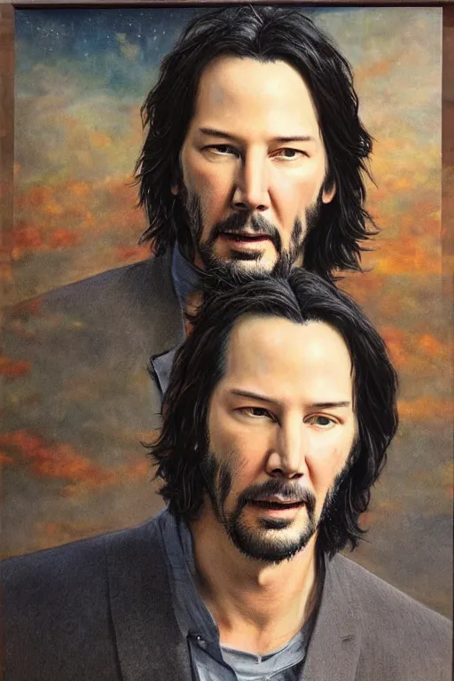 Prompt: beautiful oil painting of keanu reeves by chie yoshii, full body portrait, space, symmetrical face, dramatic lighting