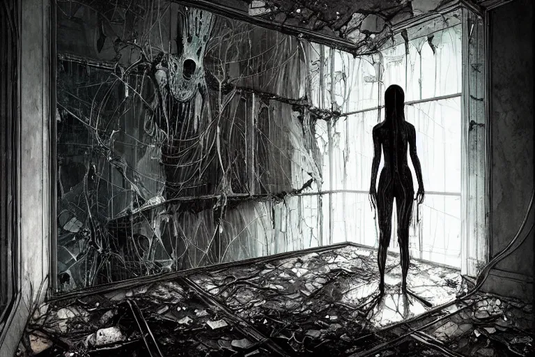 Image similar to vertical movie frame portrait of girl inside abandoned bedroom, ominous backrooms at distance seen through big broken shattered window, giger interior design, architectural design, vintage, liminal aesthetic, dreamcore, weirdcore, clean lines, wide angle, by wayne barlowe, tsutomu nihei, zdzislaw beksinski,