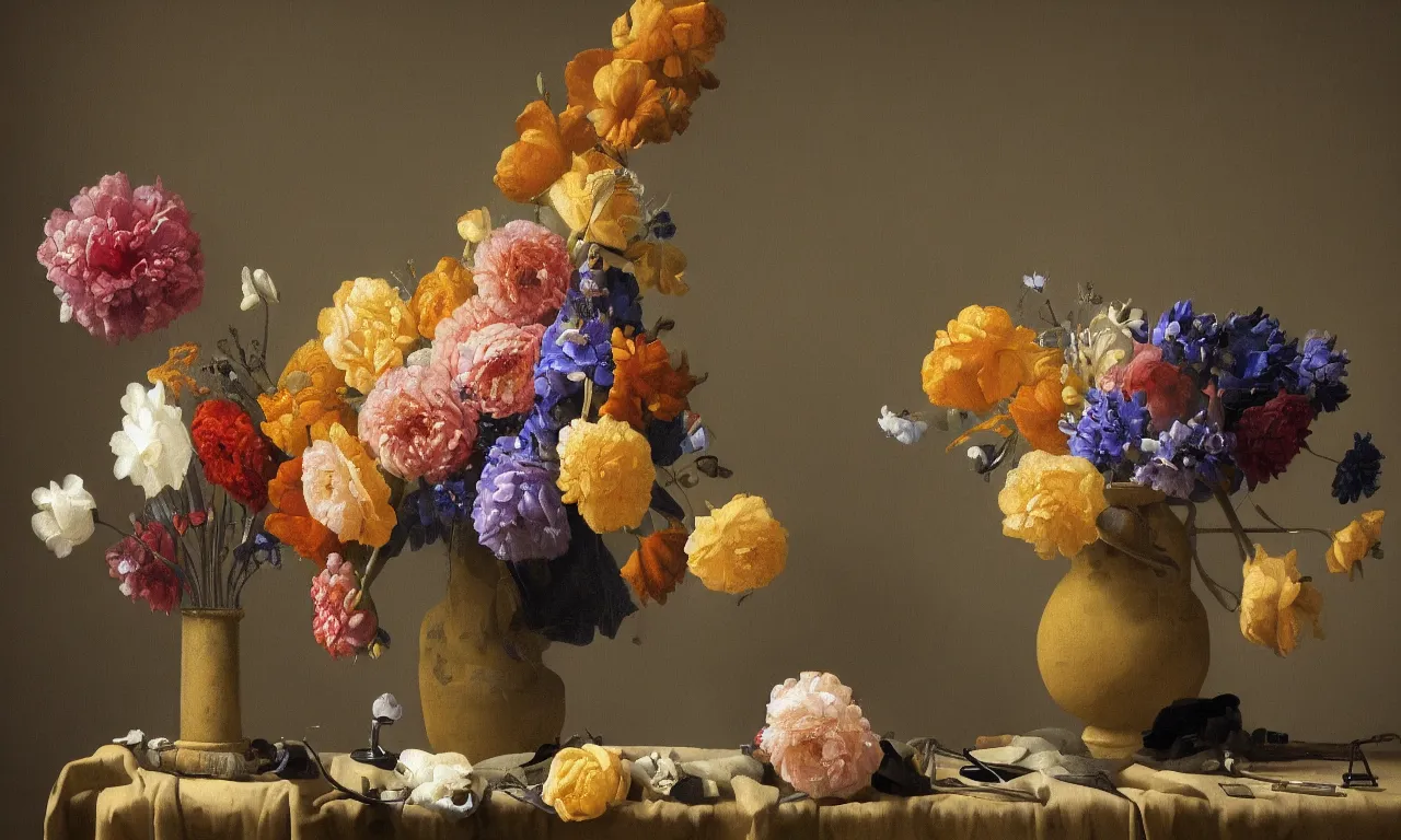 Image similar to still life of a big vase of flowers painted by Johannes Vermeer, vivid colors, high details, cinematic, 8k resolution, beautiful detailed, photorealistic, digital painting, artstation, concept art, smooth, sharp focus, illustration, fantasy background, artstation trending, octane render, unreal engine