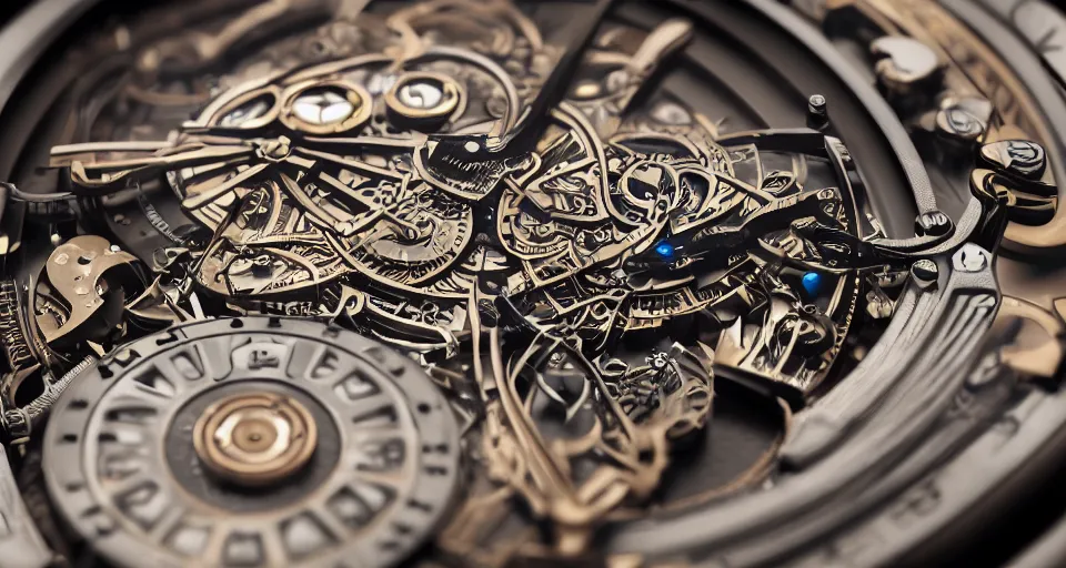 Prompt: complex 3 d render of a futuristic steampunk watch lying on a table, high detail, sharp focus, glowing interior components, intricate detail, depth of field, bokeh, cinematic lighting and composition, octane render, film grain, roger dubuis