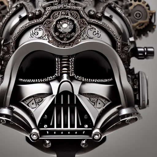 Image similar to A close up symmetric steampunk darth vader mask with sparkling eyes made from ornate engraved full plate armor and Rolex gears and jewels and gems, macro shot by Justin Gerard, unreal engine, detailed, intricate, physically based rendering