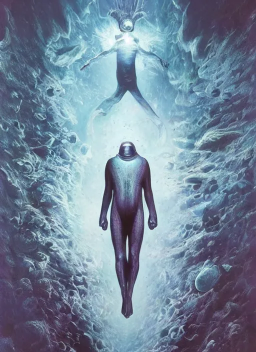 Image similar to astronauts in dark void underwater - complex and hyperdetailed technical suit. reflection and dispersion materials. rays and dispersion of light. volumetric light. f / 3 2. noise film photo. flash photography. ultra realistic, wide angle. poster by wayne barlowe, hajime sorayama aaron horkey, craig mullins