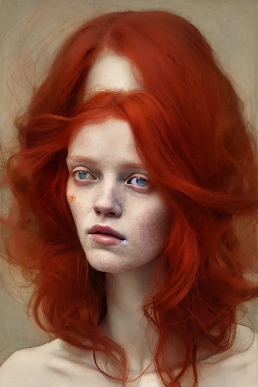 Image similar to of beautiful redhead female, beauty portrait by greg rutkowski, hilma af klint, moebius, victo ngai, sharp focus, global illumination, highly detailed, masterpiece, award winning, post processing