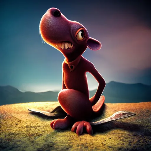 Prompt: CGI of Courage The Cowardly Dog, fisheye, DAZ, hyperrealistic, octane render, atmospheric, cinematic, superb resolution, symmetrical, rich deep moody colors, blue hour, twilight, sharp focus, cgsociety, stunning, breathtaking, awe-inspiring, award-winning, concept art, post-processing, photoshopped, 8k, photorealistic, complex, intricate, 3-point perspective, hyper detailed, unreal engine 5, IMAX quality