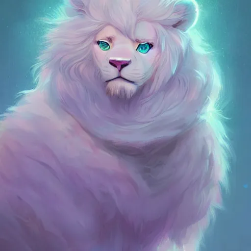 Image similar to aesthetic portrait commission of a albino male furry anthro lion under a lavender bubble filled while wearing a cute mint colored cozy soft pastel winter outfit with pearls on it, winter Atmosphere. Character design by charlie bowater, ross tran, artgerm, and makoto shinkai, detailed, inked, western comic book art, 2021 award winning painting