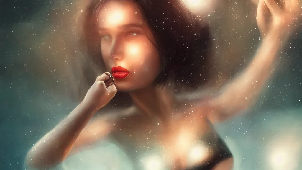 Prompt: whimsical, a beautiful enamored woman, wearing professional makeup, standing in a lake, raising an arm, under a binary black hole with a ring, by Greg Rutkowski, by Ross Tran, by artgerm, face enhance, volumetric lighting, 4k resolution, octane render, trending on artstation