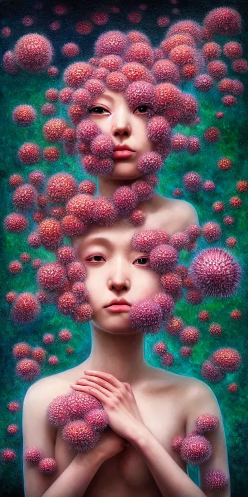 Image similar to hyper detailed 3d render like a Oil painting - kawaii Aurora (Singer) Eats of the juicy Strangling Fruit and Her gossamer polyp blossoms bring iridescent fungal flowers whose spores black the foolish stars by Jacek Yerka, Mariusz Lewandowski, Houdini algorithmic generative render, Abstract brush strokes, Masterpiece, Edward Hopper and James Gilleard, Zdzislaw Beksinski, Mark Ryden, Wolfgang Lettl, hints of Yayoi Kasuma, octane render, 8k