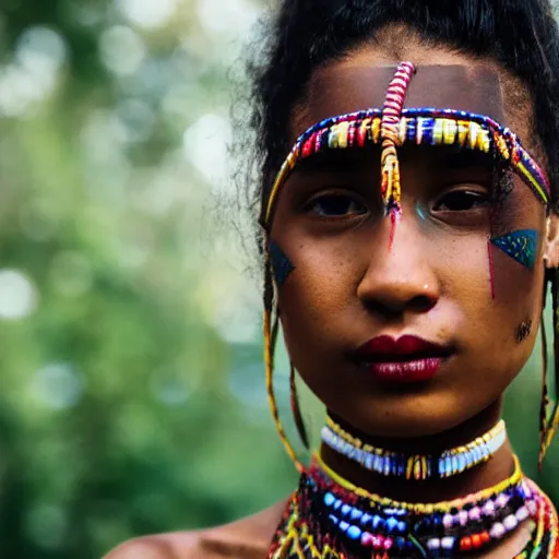 Prompt: closeup photo of a young american tribal woman in the style of rosie matheson