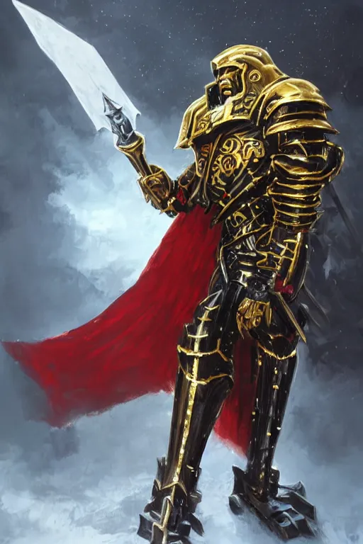 Prompt: a tall and imposing Warhammer 40k paladin in black and gold armor, long red cape, glorious LONG BLOND hair, by Ivan Aivakovsky, by Boris Vallejo, epic fantasy character art, D&D Concept Art, full length, Realistic, Regal, Refined, Detailed Digital Art, Oil Paining, Exquisite detail, post-processing, masterpiece, Cinematic Lighting, Unreal Engine, 8k, HD