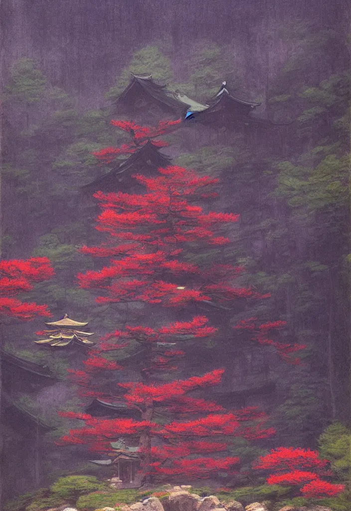 Image similar to a japanese temple in the mountain. gorgeous epic nature. yokai walking around, lofi, vivid colors, amazing light, by jeremy lipkin, by claude monet, heavily inspired by makoto shinkai, kandinsky touches, inspired by ghibli, masterpiece, multiple brush strokes, impressionist style
