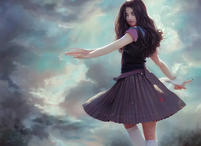 Image similar to a beautiful woman with school uniform, seifuku, pleated miniskirt, overknee socks, adriana lima, painted by artgerm and tom bagshaw, fantasy art, dramatic lighting, highly detailed oil painting, volumetric lighting