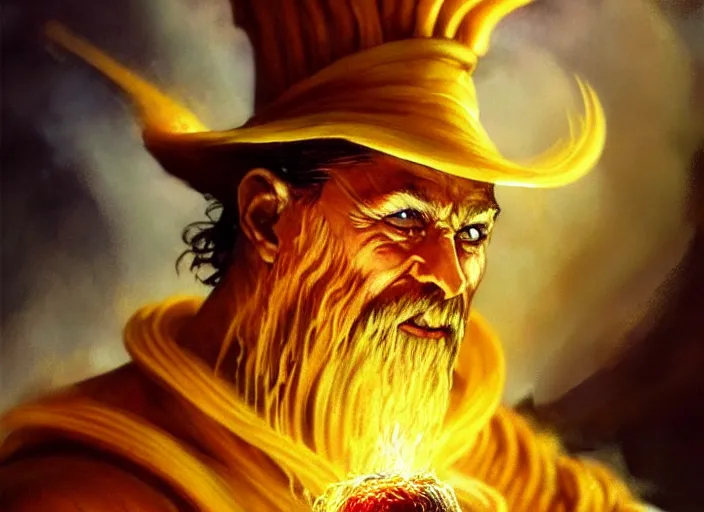 Image similar to magic : the gathering fantasy character concept art of the great pasta wizard by franz frazetta, high resolution. a clear portrait of powerful, mysterious wizard made out of noodles and pasta, flour and egg yolk magic fractals in background, fantasy coloring, intricate, digital painting, artstation, smooth, sharp focus