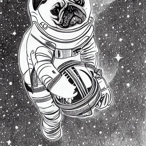 Image similar to pencil art, golden - ratio, spirals, highly detailed, astronaut pug in outer space by davinci.