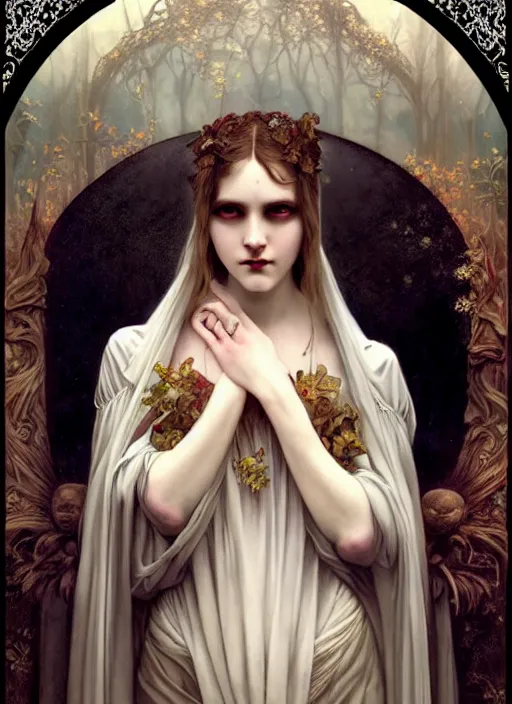 Prompt: majestic gothic vampire porcelain skin girl movie poster, art style by edmund leighton, tom bagshaw, alphonse mucha, exquisite digital art, iconic, masterpiece, organic painting, photorealistic, ornate and hyper detailed