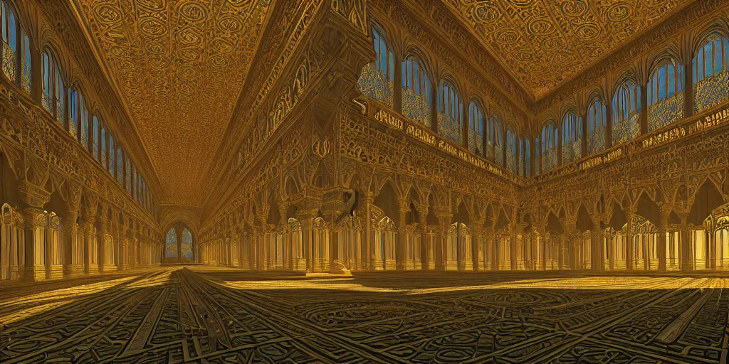 Prompt: beautiful interior render of a huge divine kingdom palace, symmetric, dazzling light beam penetrated through the window, the style of louis comfort tiffany, pascal blanche, andreas rocha, paul pepera, raphael lacoste, scene render, perfect shadow, exquisite, hyper detailed, gradient, fine structure texture, gothic style, atmospheric lighting, 4 k hd