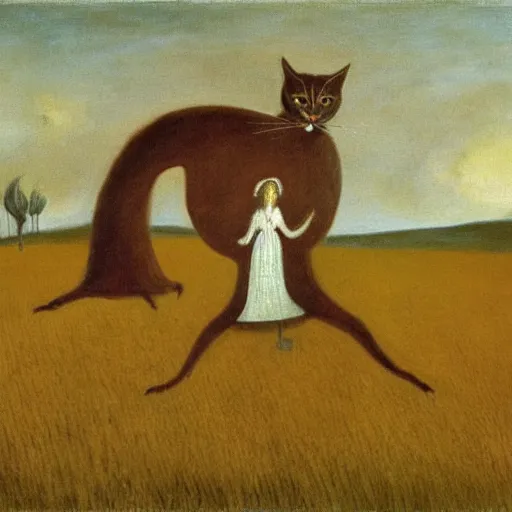 Image similar to by Leonora Carrington, a brown haired giantess rising above a field of wheat. Cats are playing. Oil painting, high res, art museum quality.