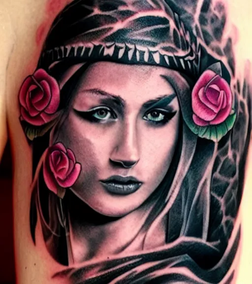 Image similar to tattoo design on white background of a beautiful girl warrior, roses, hyper realistic, realism tattoo, by eliot kohek, beautiful eyes, realistic face, black and white