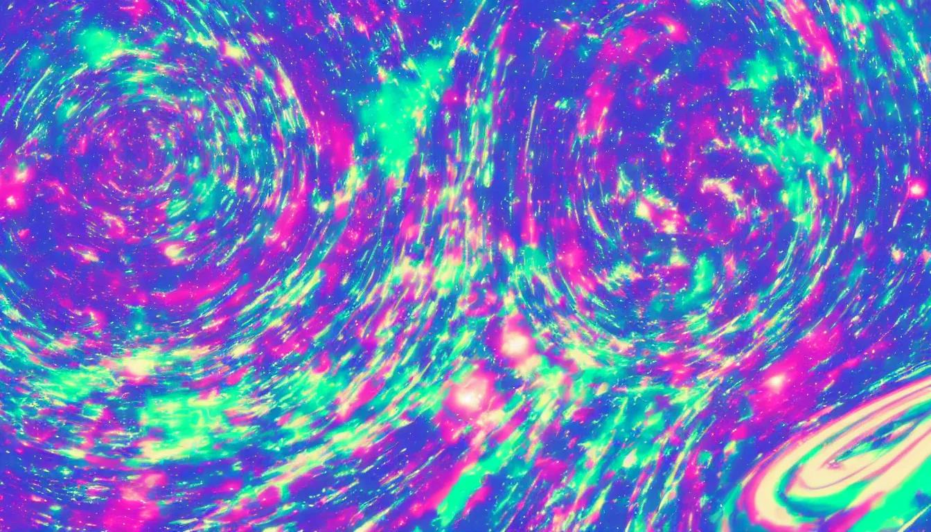 Image similar to space station orbiting a ringed planet, psychedelic, vaporwave