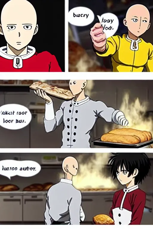 Image similar to saitama one punch man as a baker cooking bread, bakery