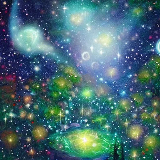 Prompt: a serene forest of faeries, beautiful galaxy in the night sky