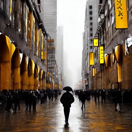 Prompt: A man in a yellow raincoat in a black city surrounded by people wearing brown rain coats. Dreary, dreamlike.