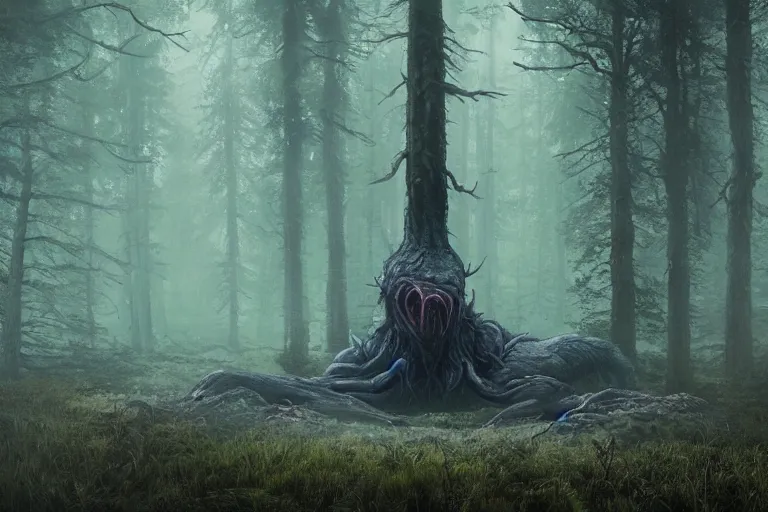 Image similar to creepy eldritch monster in a swedish forest, very low angle photograph, very detailed, trending on artstation, realistic, soft colors, simon stålenhag, lovecraft, horror