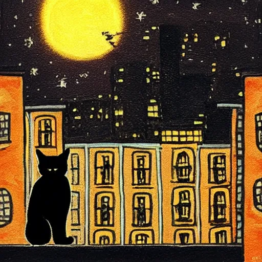 Prompt: “A black cat on top of a building at night with a full moon in the style of Vincent Van Vogh”