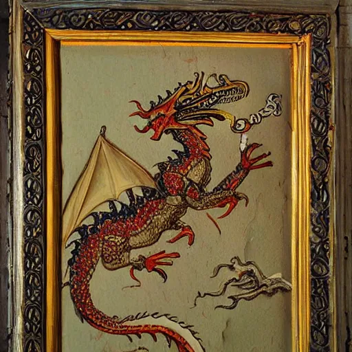 Prompt: medieval dragon antique painting