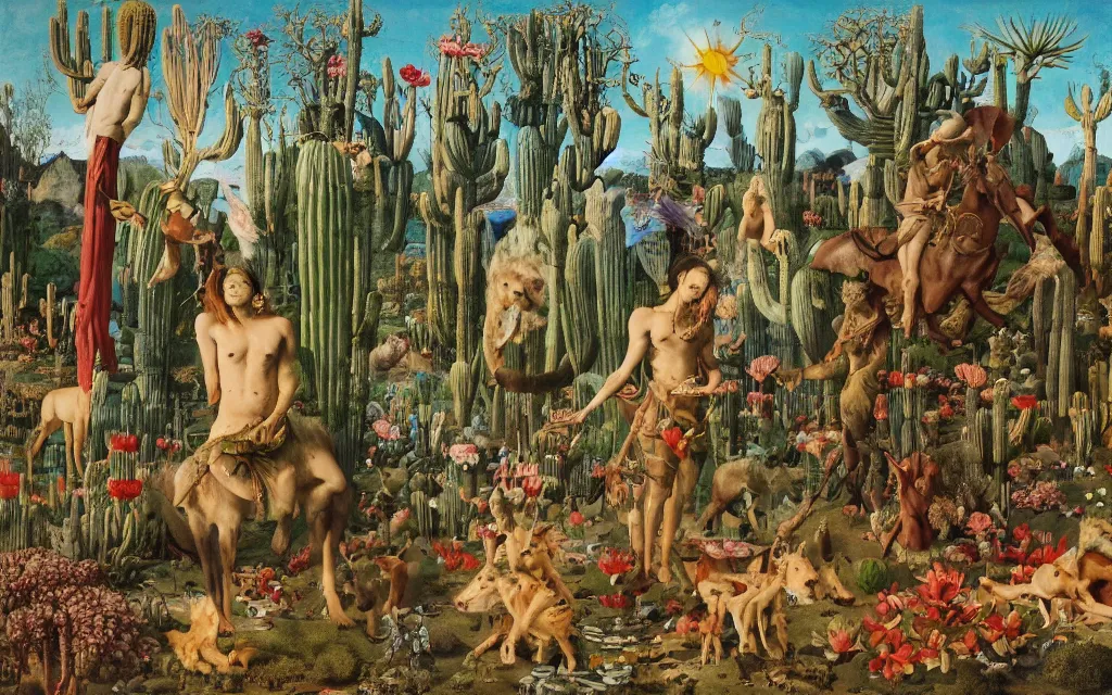 Image similar to photograph of a meditating centaur shaman and a flayed werewolf feeding animals. surrounded by bulbous flowers, animals and a few trees and cacti. river delta with cliffs under a blue sky of burning stars. painted by jan van eyck, max ernst, ernst haeckel, ernst fuchs and artgerm, trending on cgsociety