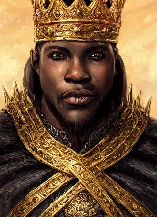 Image similar to black human king wearing a crown, gold, ultra detailed fantasy, dndbeyond, bright, colourful, realistic, dnd character portrait, full body, pathfinder, pinterest, art by ralph horsley, dnd, rpg, lotr game design fanart by concept art, behance hd, artstation, deviantart, hdr render in unreal engine 5