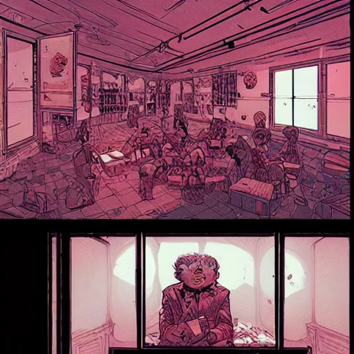 Image similar to A room with big screen on the wall from horror TV show by Feng Zhu and Loish and Laurie Greasley, Victo Ngai, Andreas Rocha, John Harris