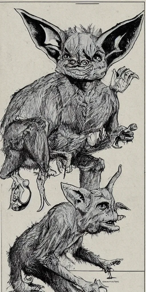 Prompt: field guide page with an illustration of a goblin