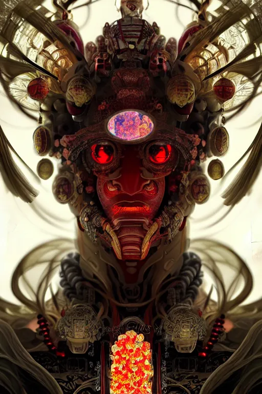 Image similar to asura from chinese myth, ghost, gorgeous and huge head ornaments, dystopian, cyberpunk, organic fractal mycelum and fungi, mecha, halfturn portrait of a big crystal face made of crystals half - turn, ominous, intricate, studio, art by anthony macbain + greg rutkowski + alphonse mucha, concept art, 4 k, sharp focus