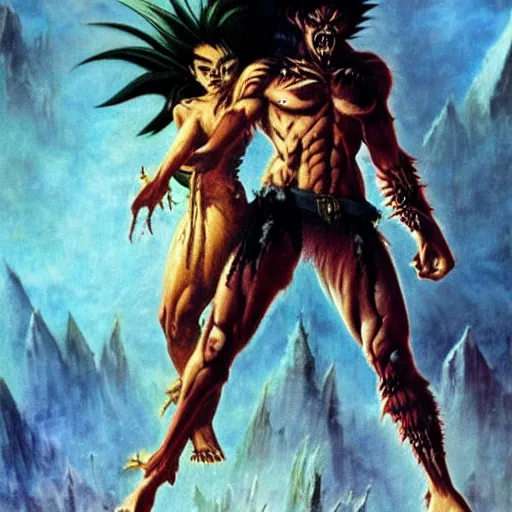 Image similar to Savage battlescarred Saiyan warrior girl, cavewoman, wild spiky black electrified hair, pelt, torn clothing, savage cloak, scars of battle, bloody, electrical aura, scimitar, primeval fantasy, prehistoric fantasy, orcs, goblins attacking, 1980s pulp fantasy, art by Frank Frazetta and Boris Vallejo