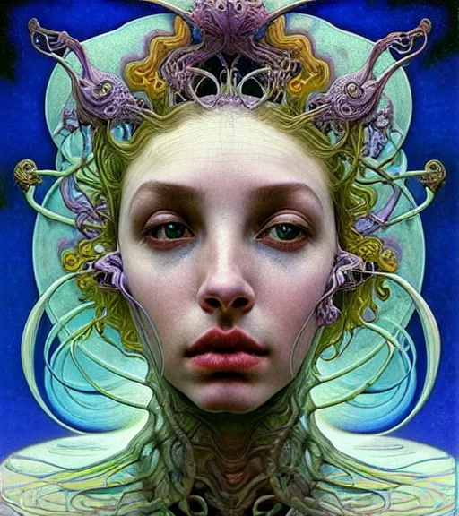 Prompt: detailed!!! realistic beautiful young groovypunk!!! queen of andromeda galaxy. face portrait. art nouveau, symbolist!!!, visionary, baroque, giant fractal details. horizontal symmetry by zdzisław beksinski, iris van herpen, raymond swanland and alphonse mucha!!!. highly detailed, hyper - real, beautiful