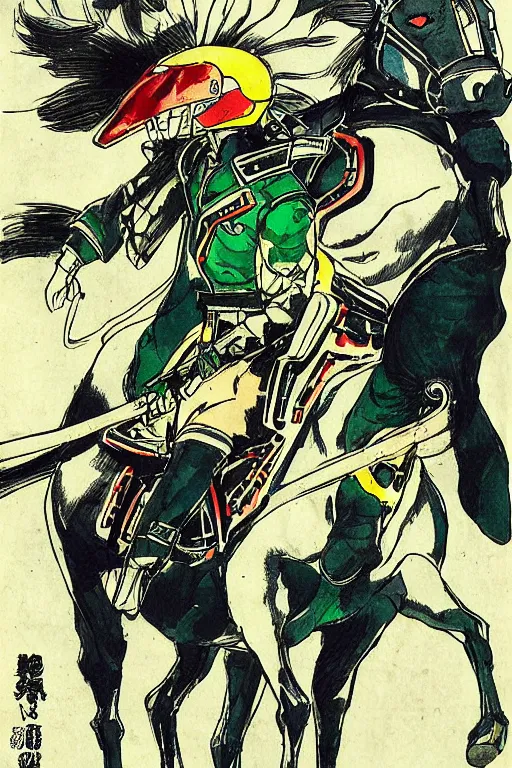 Image similar to kamen rider v 3 riding a horse, by kuniyoshi utakawa