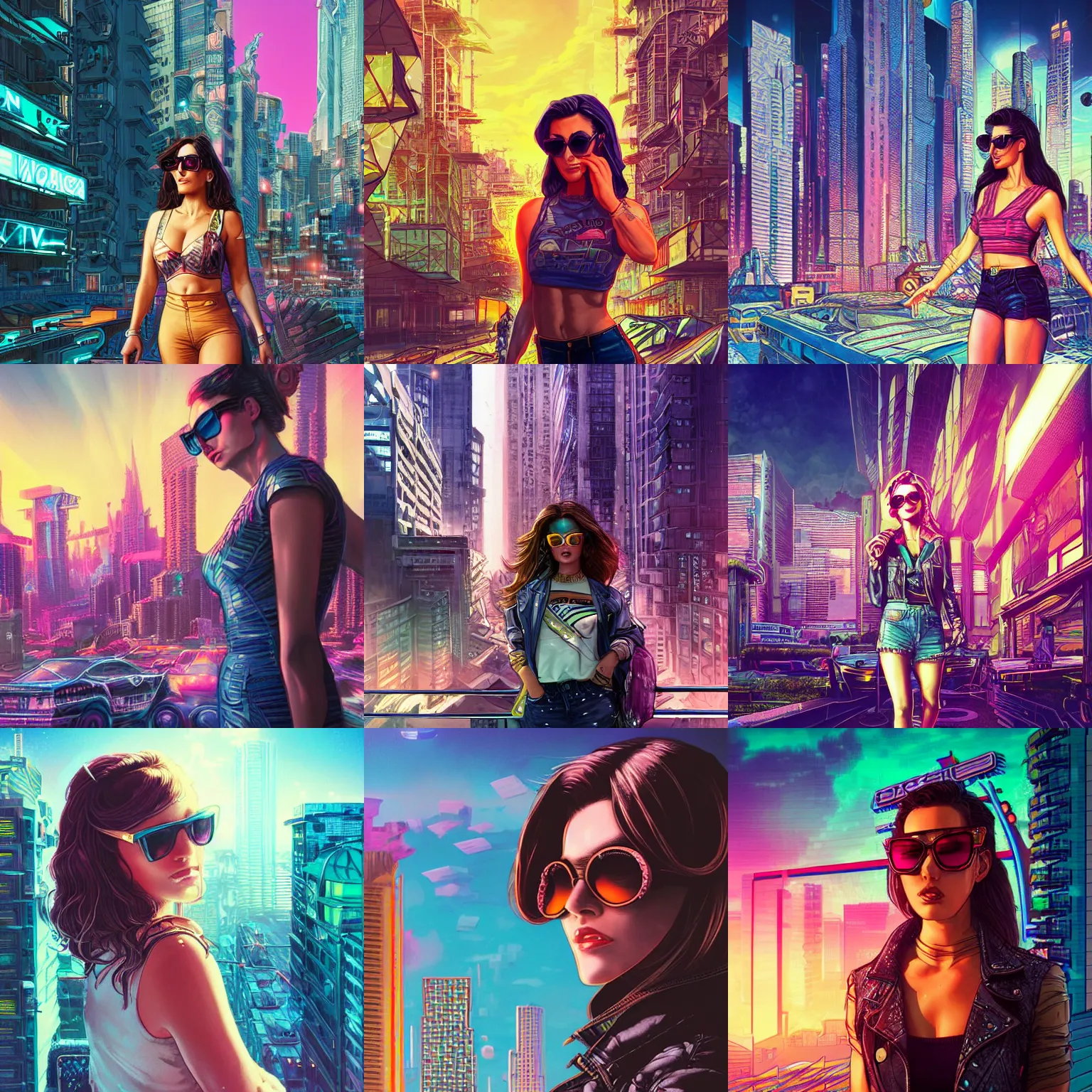 Prompt: A woman wearing sunglasses in front of a retrowave city by Artgerm and Greg Rutkowski and Magali Villeneuve, ultra intricate details, HDR,