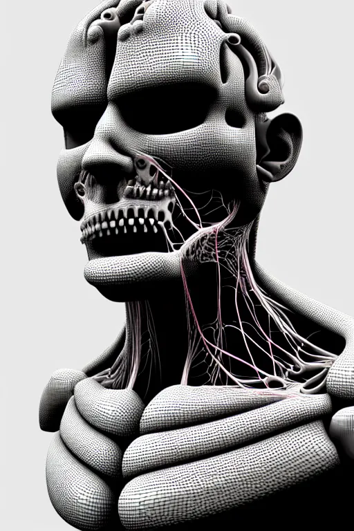 Prompt: 3D render of a rugged profile face portrait of a male cyborg, 150 mm, capacitors, Mandelbrot fractal, anatomical, flesh, facial muscles, neon wires, microchip, veins, arteries, full frame, microscopic, elegant, highly detailed, flesh ornate, elegant, high fashion, rim light, octane render in the style of H.R. Giger and Bouguereau